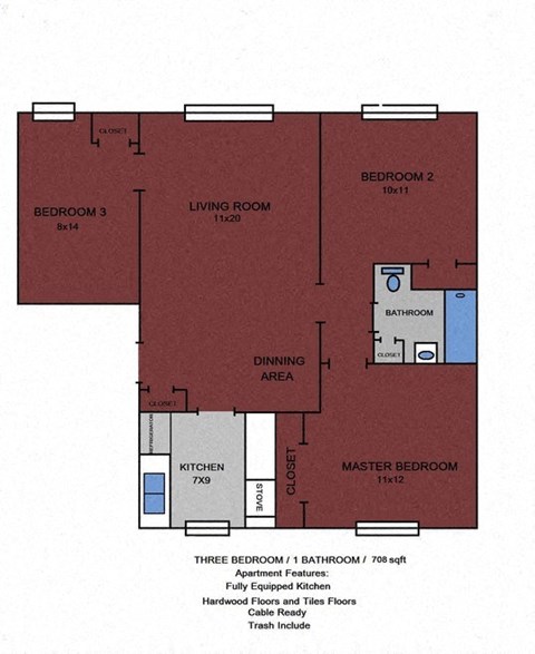 3 BDRM 708 SF